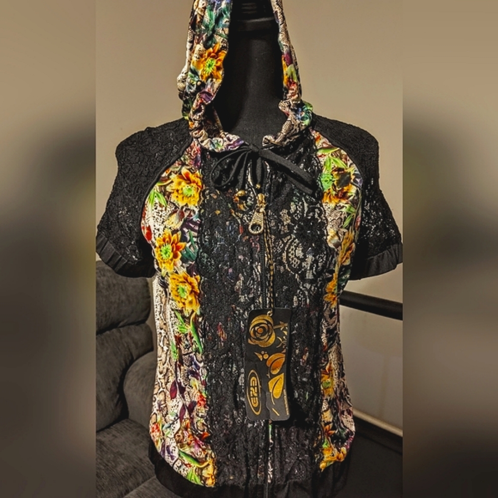 Turkish Made Mixed Media Stylish Zip Up, Mesh Sleeve Blouse